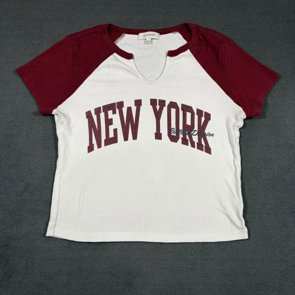 No Comment T-Shirt Womens Small White Red New York Raglan Graphic Notch Neck